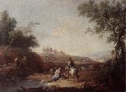 An italianate landscape with fishermen and travellers resting beside a pool Giuseppe Zais